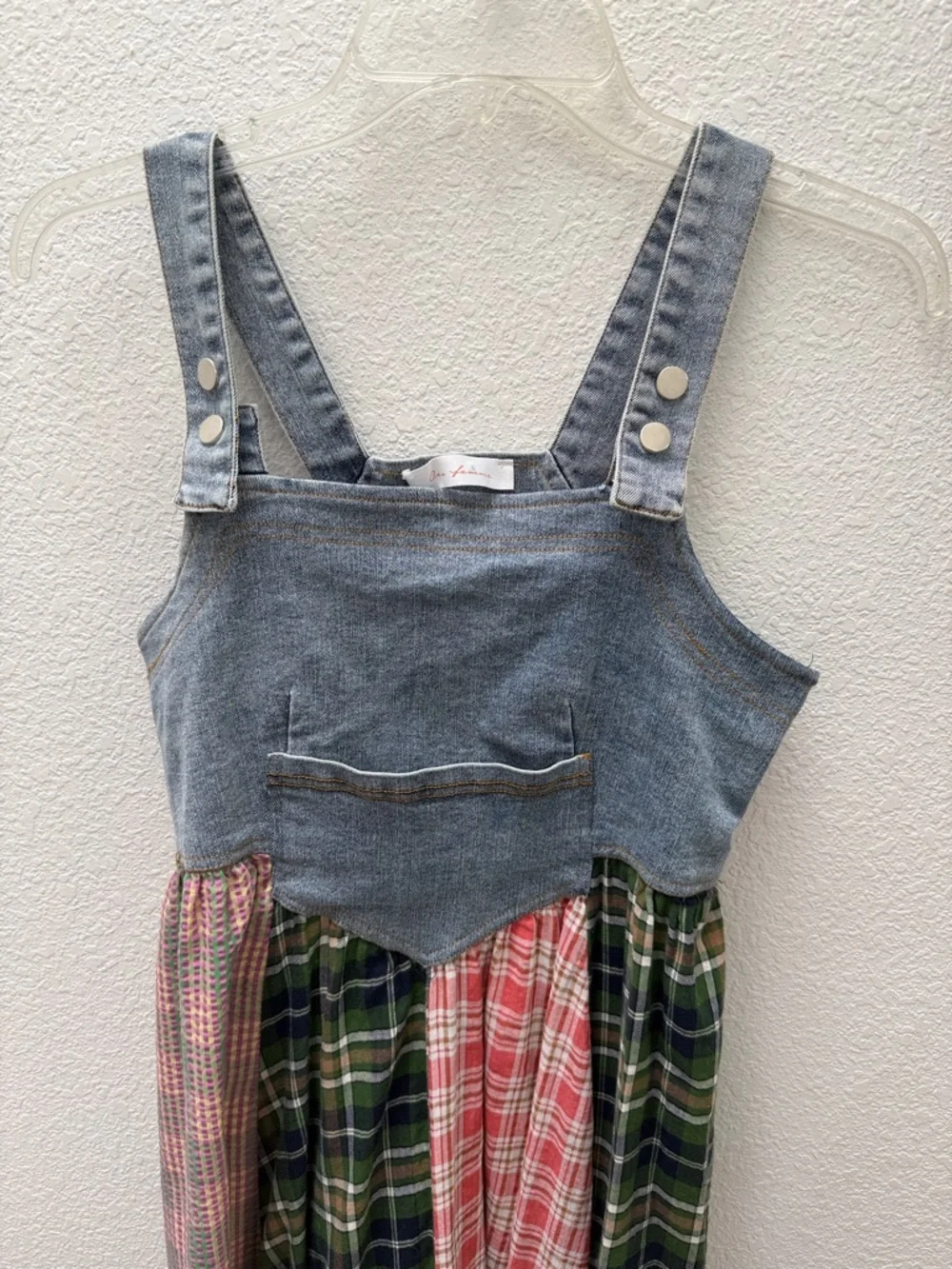 Ces Femme Denim Bodice Patchwork Plaid Maxi Dress - Green & Pink size Small - Picture 2 of 11